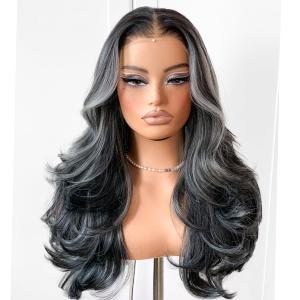 Salt & Pepper Layered Feather Layered Hair Preplucked Precision-Precut-cut Ready-to-Go Glueless 13x6 HD black and white mixed color Synthetic Lace Front Wig