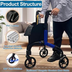 Premium 3 Wheel Rollator Walker for Seniors, FSA/HSA Eligible Lightweight Foldable Elderly Three Wheeled Rollator with Storage Bag, Aluminum Mobility Aid Rolling Walker (Black & Blue)
