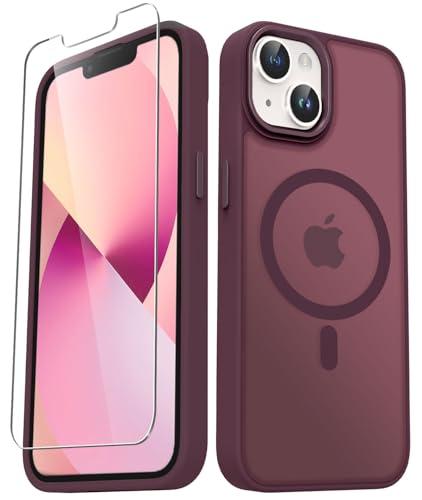 YENAPOON for iPhone 14 Case, iPhone 13 Case, with 1 Screen Protector, Matte Magnetic Slim Phone Cover, Support for Magsafe, Shockproof Protection Translucent Frosted Back,Wine Red Y The Glass is Broken