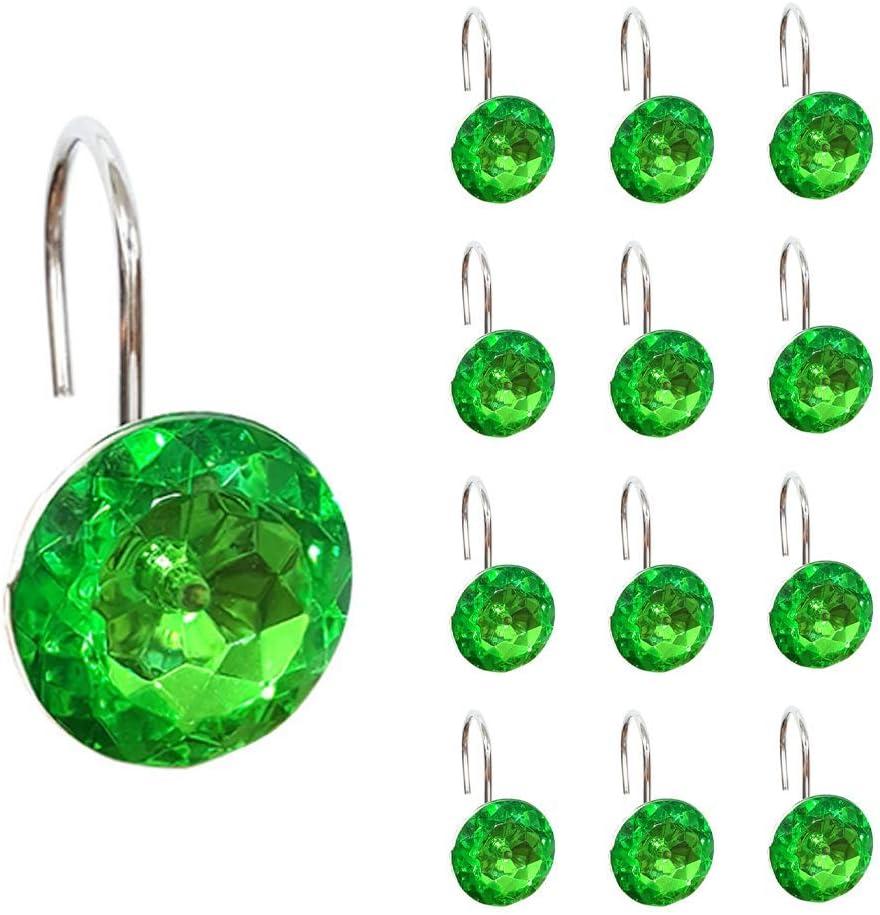 12 Pcs Bling Rhinestones Shower Curtain Hooks Bathroom Rolling Hooks (Green)