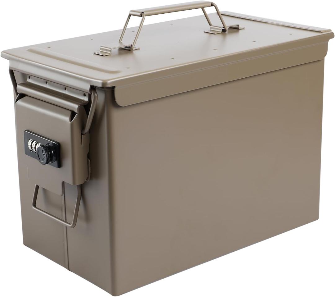 Ammo Can&Ammo case Storage Box, Lithium Battery Metal Storage Box, Fireproof/Waterproof/Airtight/Used for Lithium Battery and Ammo Storage (330 * 185 * 228mm, Khaki with square lock)