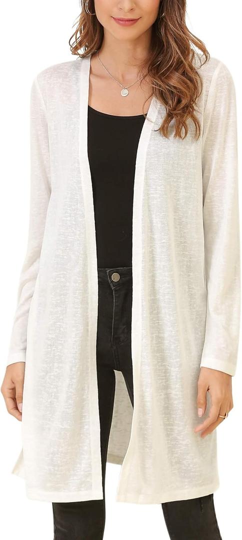 Woolicity Women's Long Cardigan Summer Lightweight Open Front Casual Long Sleeve Duster Trendy Thin Cardigan Sweaters (Medium, White)