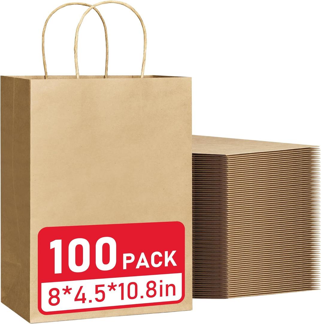 VPACKDUO 100 Pcs Gift Bags 8x4.5x10.8 Brown Kraft Paper Bags with Handles Bulk for Wedding, Party Favors, Grocery, Shopping, Retail Merchandise, Gift Sacks