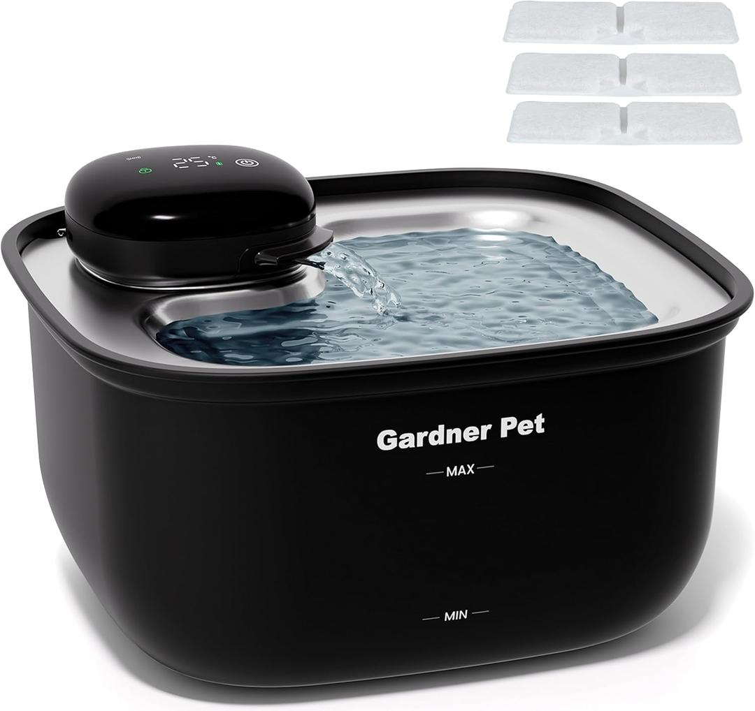 Gardner Pet Wireless Cat Water Fountain Stainless Steel Tray, 3.78L Cat Fountain Battery Operated, Cordless Pet Water Fountain for Cats & Dogs with Motion Sensor, Temperature Display - 1 Gallon (Black)