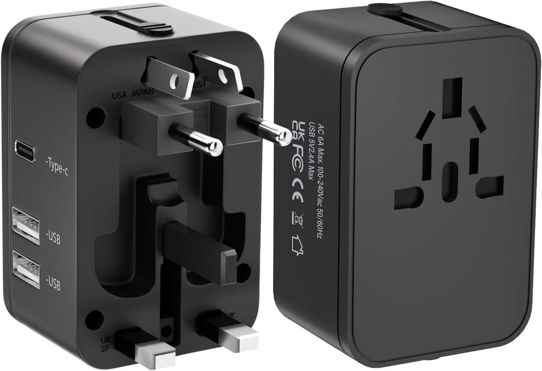 Travel Plug Adapter with 2 USB A+1 USB C,Universal All in One Worldwide Travel Adapter,Power Converters Wall Charger,AC Power Plug Adapter,International Power Adapter for USA EU UK AUS Black