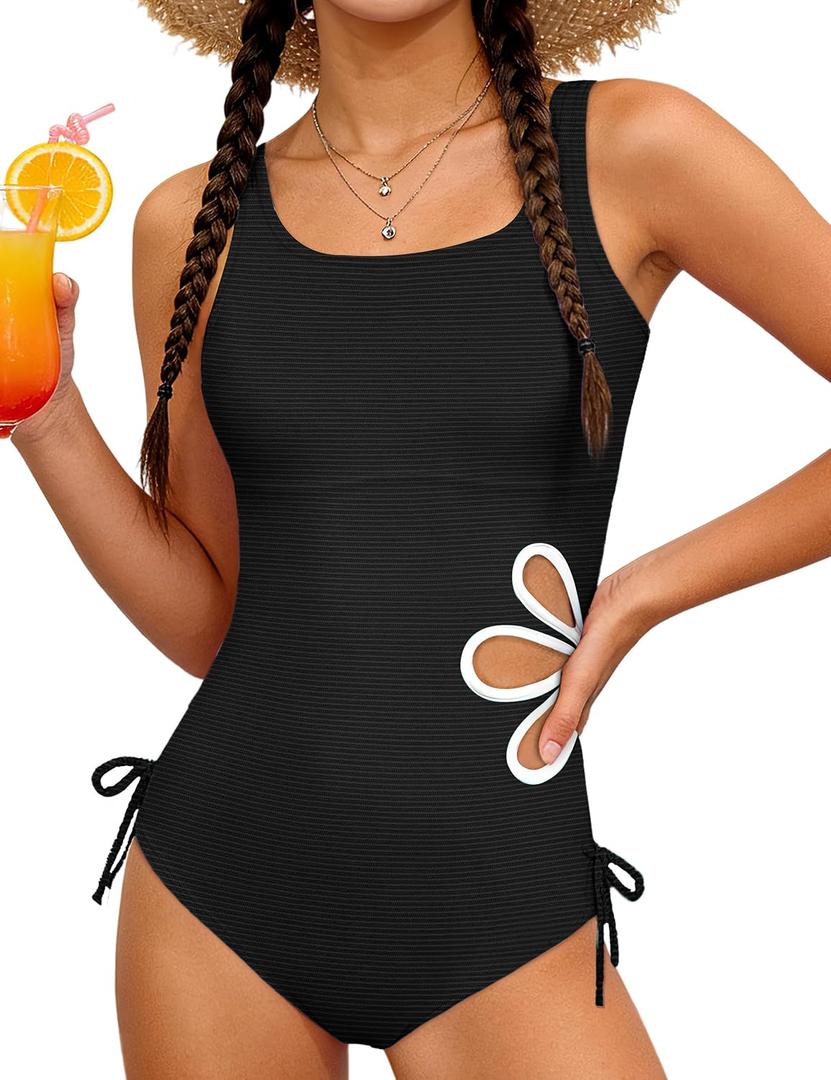 KANGKANG Girls Swimsuit Solid Color Cut Out One Piece Bathing Suit with Chest Pad Adjustable Strap Round Neck Girls' Swimwear, 13-14Y