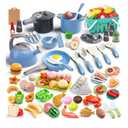 130Pcs Kitchen Playset, Toddler Pretend Cooking Play Pots, Pans, Utensils Cookware, Daily Food Fruit Veges, Shopping Storage Basket, Dessert, Prop Money, Learning Gift for Child (Blue)