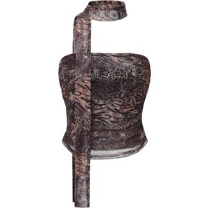 Women's Leopard Print Tube Top Cheetah Print Top Ruched Strapless Mesh Halter Tops for Women Going Out Party