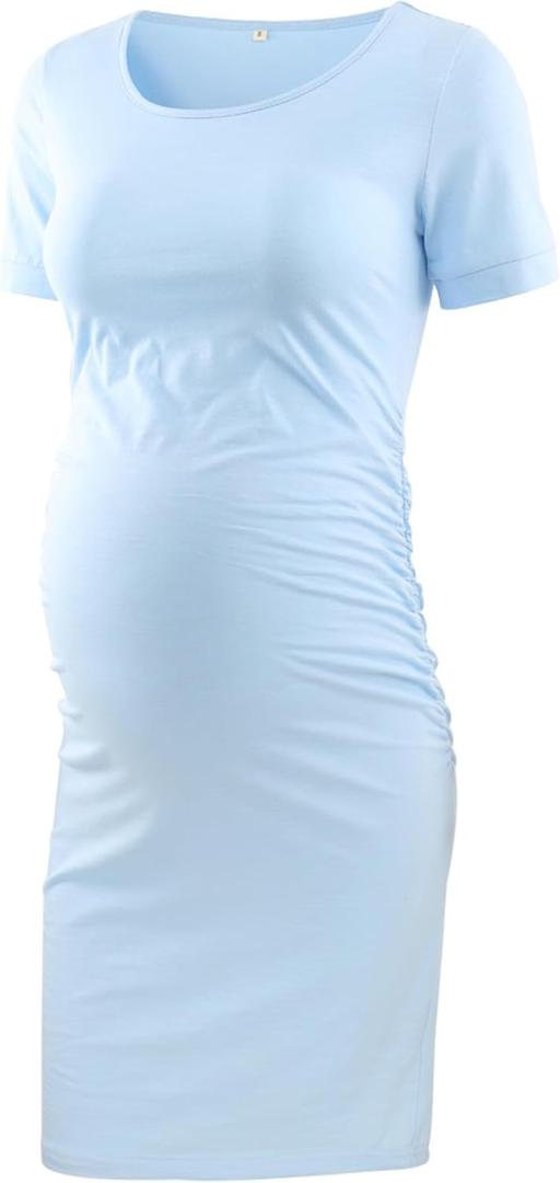 Liu & Qu Women's Maternity Bodycon Ruched Side Dress Casual Short & 3/4 Sleeve Dress for Daily Wearing Or Baby Shower (Medium, C1. Light Blue)