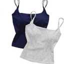 WDIRARA Women's 2 Pack Cami Top Backless Spaghetti Strap Rib Knit Padded Camisole Crop Tops (Large, Blue and White)