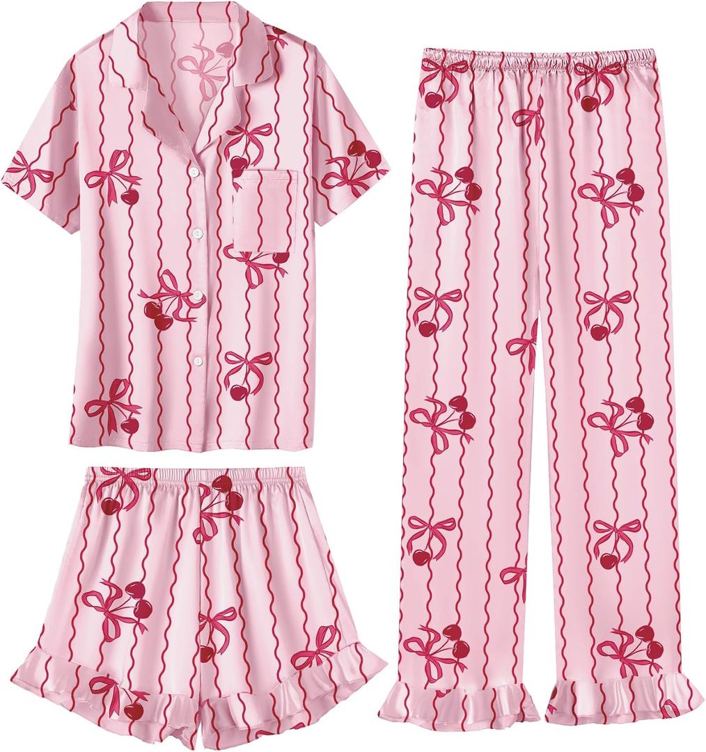 Umeyda Girls 3 Pieces Pajamas Sets Silk Satin Ruffle Sleepwear Short Sleeve Button-Down 3Pjs Nightwear, Size 140 (Pink)