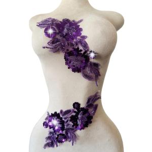 Handmade Sewing Sequin Beaded or Pearl Flower Fabric Lace Applique for Wedding Dress Gown Bodice Costume Clothing Craft DIY 2PCS/Bag 5.9X12.2inches (Purple)