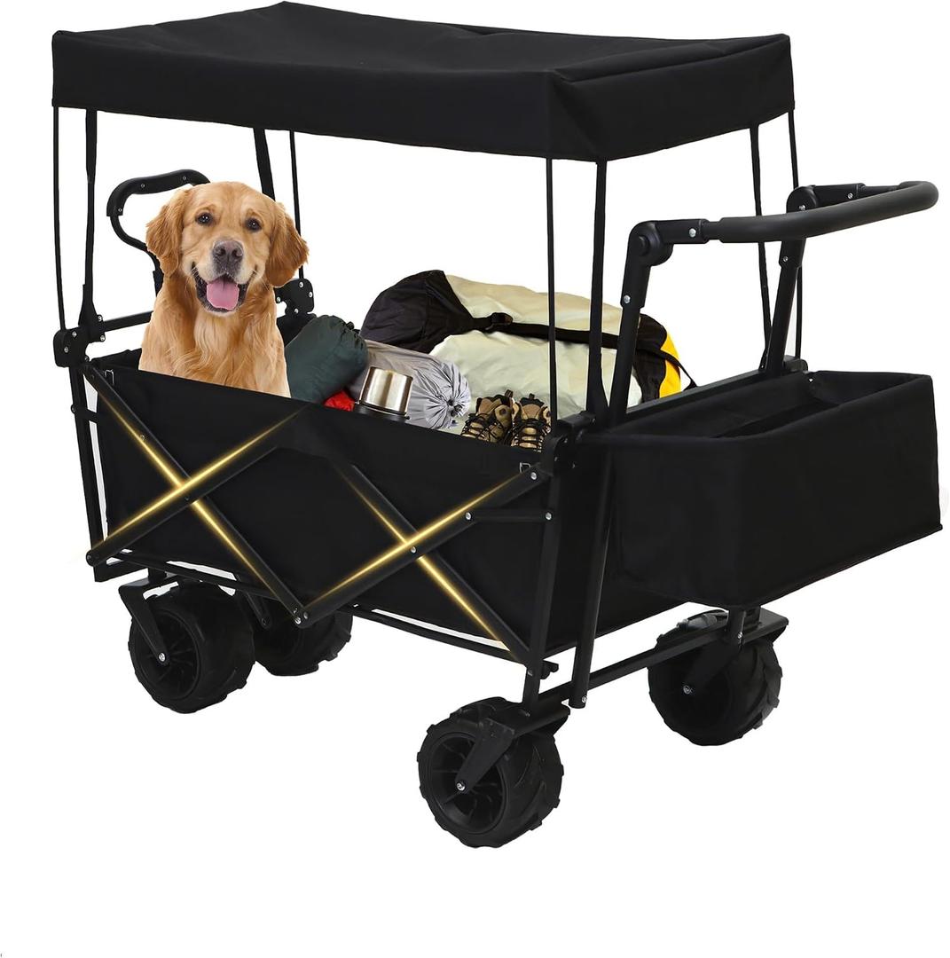 200L Collapsible Wagon Cart with Canopy, Heavy Duty Folding Tools Utility Cart with Wheels for Outdoor Camping, Black