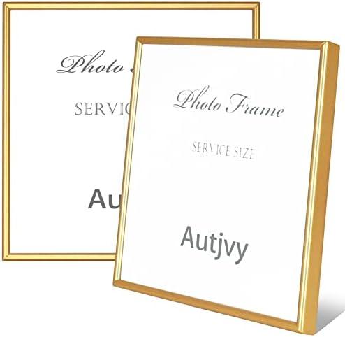 Autjvy 8x8 Picture Frame Set of 2, Gold Modern Simple Thin Aluminum Metal Square Photo Frame with HD Glass, Display for Tabletop and Wall Collage, 2 Pack