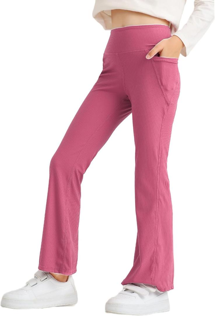 Deuerr Girls' Flare Leggings with Pockets Trendy Girls' Ribbed Knit Bell Bottoms High Waisted Yoga Pants Black for 4-12Years (Pink)