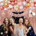 16th Rose Gold Birthday Party Decorations for Girls, Rose Gold Happy Birthday Banner, Fringe Curtains, Heart Foil Balloons, Confetti Balloons, Cake Topper for 16th Birthday Decorations