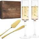 AW BRIDAL Engagement Bridal Shower Wedding Gifts for Couple Newlyweds, Anniversary Mr Mrs Champagne Flutes Toasting Glasses Set of 2, Wedding Gold Cake Cutting Set with Wooden Box for Bride Groom