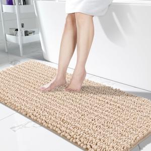 Yimobra Bathroom Runner Rug 60x24 Inch - Extra Long Non Slip Chenille Bath Mat, Soft & Absorbent, Machine Washable Shaggy Hallway Carpet for Vanity Tub Shower, Light Brown Home Decor Accessories