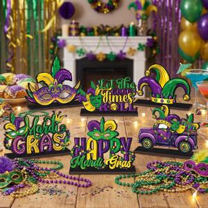 6 Pcs Mardi Gras Wooden Table Decorations Carnival Wood Tabletop Sign Centerpiece Rustic Mardi Gras Decorations for Office Desk Farmhouse Home Kitchen Tray Decor Shelves Table Decorative