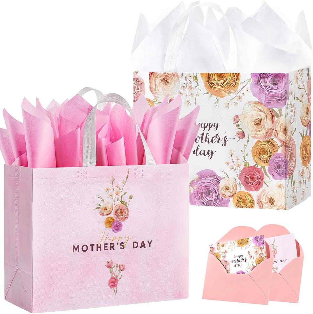 STYPOP 2 Pack 13" Large Mothers Day Gift Bags with Tissue Paper, Reusable Non-Woven Pink Gift Bags with Handles, Mothers Day Gifts for Mom/Grandma/Friends, 12.8"*10.2"*6.3"