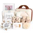 iAOVUEBY Baby Gift Set, Baby Shower Gifts for Girls Boys, Bear New Baby Gift Basket Include Newborn Rattle Blanket Wooden Keepsake Milestone Cute Bibs Socks Greeting Card, Baby Gift Essentials Stuff