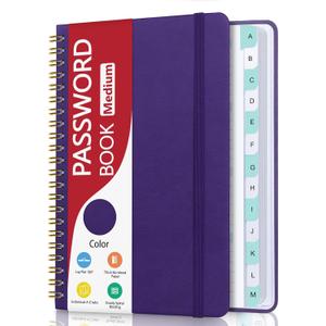 Homlive Spiral Password Book with Individual Alphabetical Tabs, Hardcover Password Keeper Book for Seniors, Password Notebook for Home or Office & Website Address Login-Purple, 5.7" x 7.7"