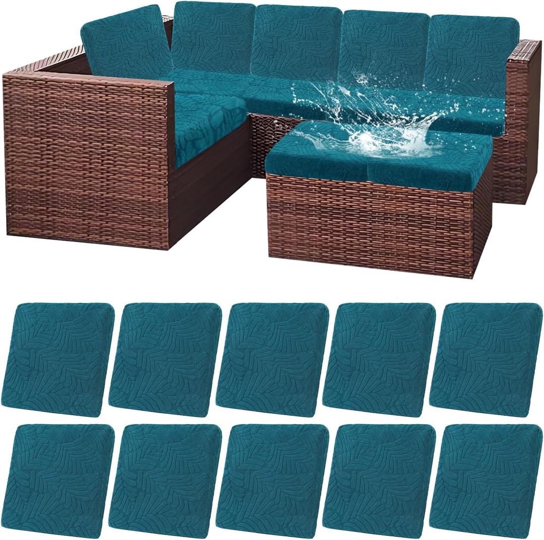HEBE Outdoor Patio Cushion Covers Set of 10 Waterproof Stretch Seat Cushion Cover for Patio Furniture Clearance Outdoor Sofa Cushion Cover Replacement Couch Slipcovers Chair Seat Cover (Dark Blue)