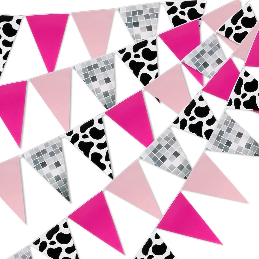 5Pcs 41 Ft Cowgirl Party Decorations Western Cowgirl Pennant Banner Pre-Assembled Pink Triangle Flag Bunting for Western 80s 90s Disco Cowgirl Birthday Party Supplies