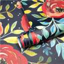 Boho Floral Peel and Stick Wallpaper, Dark Blue/Red/Teal Retro Self Adhesive Wall Decor for Bathroom, Kitchen, Accent Wall, Vintage Renter Friendly Contact Paper for Cabinet, Countertop, 17.5 x 118