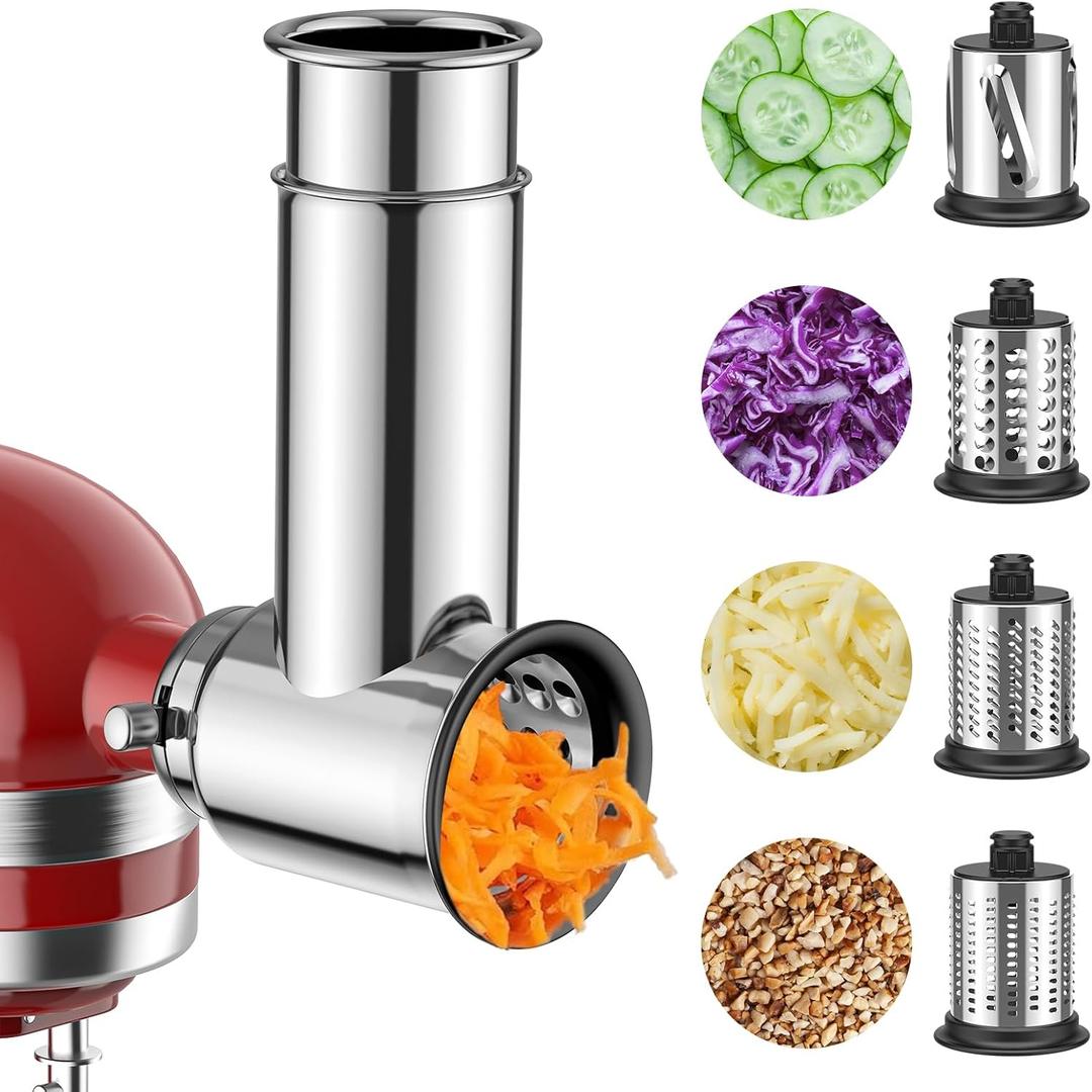 Stainless Steel Slicer Shredder Attachment for Kitchenaid Stnad Mixer, Cheese Grater Attachment for KitchenAid - 4 Blades Salad Maker with Grinding Powder Function by FGREEBLE (Sliver)