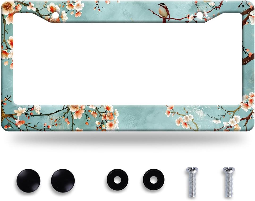 Watercolor Flowers with Birds License Plate Frame Floral Flower License Plate Frames Funny Auto Accessory Bracket Stainless Steel Beautiful License Plate for Women 6.3 x 12.3 Inch