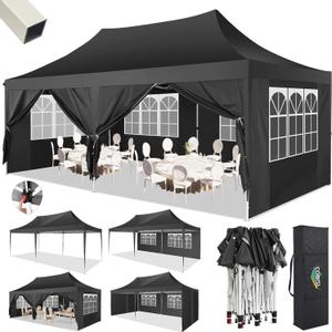 COBIZI 10x20 Pop Up Canopy with 6 Sidewalls,10x20 Canopy Tent Frame Upgraded with 3 Adjustable Heights, Waterproof UV50+ Outdoor Party Commercial Ez Up Gazebos with Carry Bag(10 x 20 ft Black)