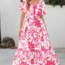 PRETTYGARDEN Women Summer Boho Maxi Dresses 2025 V Neck Puff Short Sleeve A-Line Flowy Tiered Floral Wedding Guest Dress (M)