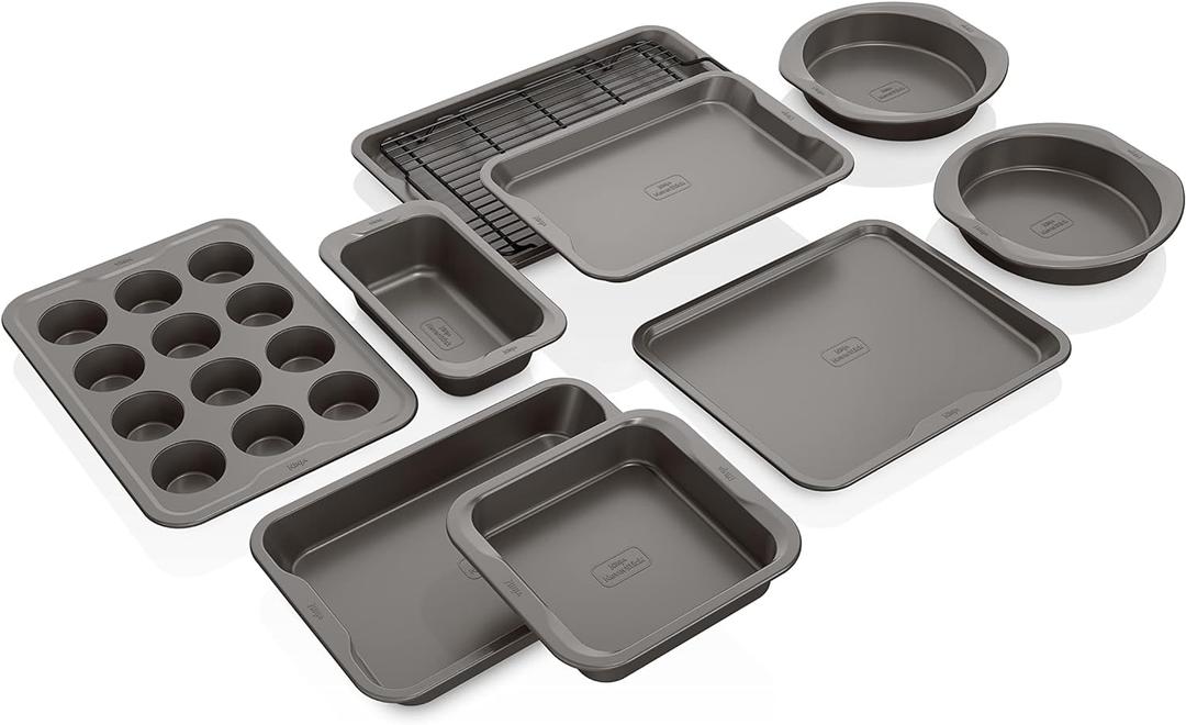 Ninja B39010 Foodi NeverStick Premium 10-Piece Bakeware Sheet Set, Oven Safe up to 500F, with (2) Baking Sheets, Cookie Sheet, Loaf Pan, Muffin Pan, (4) Cake Pans & Cooling/Roasting Rack, Grey