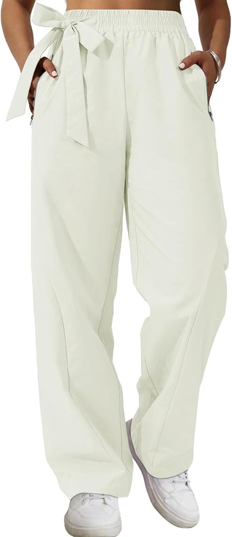 3 x Women's Wide Leg Pants Y2K Trendy Elastic Waist Track Pants Baggy Tie Knot Trousers with Zipper Pockets Streetwear Casual (Beige, S)