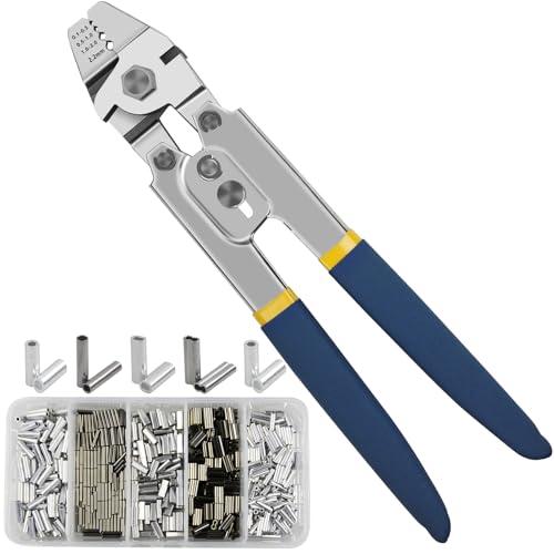 Fishing Crimping Tool Kit, Fishing Crimping Pliers Wire Rope Crimping Tool with 500pcs Crimp Sleeves Kit, Heavy Duty Stainless Steel Fishing Crimper Pliers Wire Cutters Line Crimps Sleeves