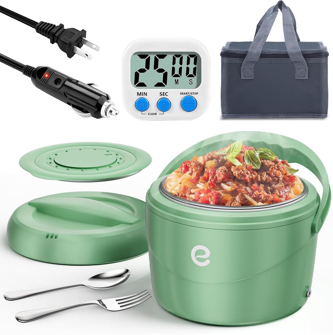 esemoil Electric Lunch Box with Timer, Large 40oz Faster Food Heater for Adults, Upgraded 80W Portable Heated Warmer for Car/Truck/Office/Travel, Spill-Free, SS Fork Spoon and Insulated Carry Bag (1.2L)