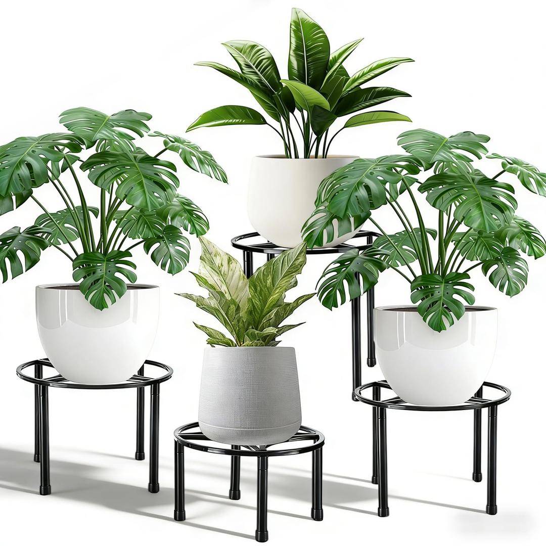 4 Pack Metal Plant Stands for Indoor Outdoor Plants Rustproof Metal Flower Pot Stands Round Plant Shelf Heavy Duty Potted Plants Shelf Decoration for Planter Supports Garden Home (3 Sizes)