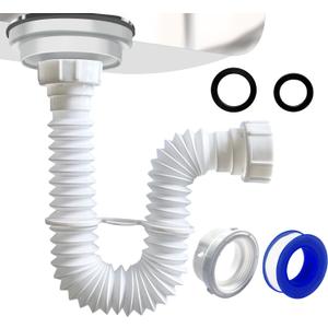 VIVIDA 1-1/2" Sink Drain Pipe Kit, Flexible Drain Pipe P Trap, 7.5"-17.7" Flexible P Trap, Under Sink Plumbing for Bathroom & Kitchen, 1-1/4" Adapter Included, 1 PACK (White)