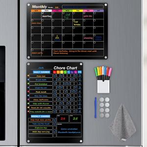 Black Magnetic Acrylic Dry Erase Calendar for Fridge, Monthly & Weekly/Chore Chart Planning Board Set for Kids/Adults/Teens, Includes 7 Colorful Markers, 16"x12"
