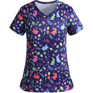 Easter Scrub Tops Women Stretchy Vneck Short Sleeve Cute Bunny and Eggs Printed Nurse Working Uniforms with 2 Pockets (Blue, M)