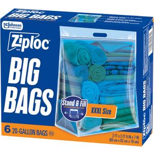 Ziploc Big Bags 20 Gallon XXXL, Reusable Large-Capacity Plastic Storage Bags, 6 count