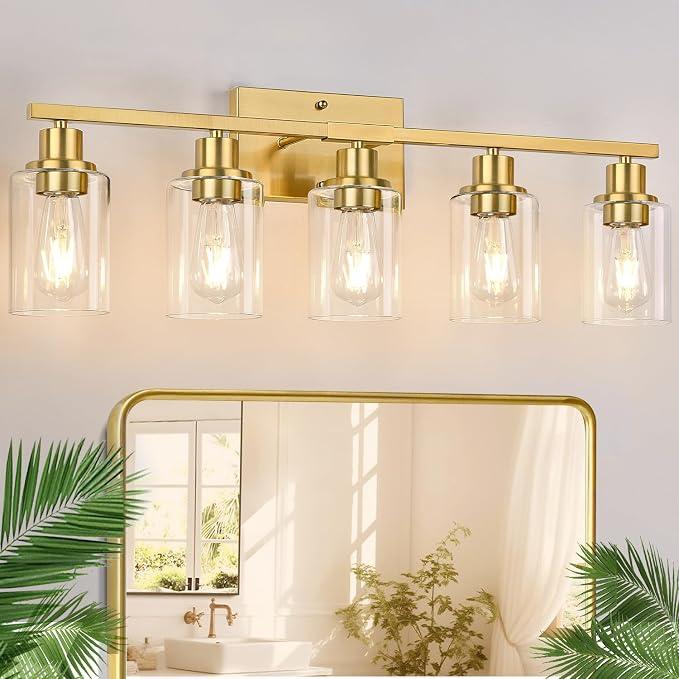 Indoi 5-Light Bathroom Light Fixture, Modern Brushed Gold Bathroom Lights Over Mirror with Clear Glass Globe Shades, Vanity Lighting Fixtures for Kitchen, Living Room, Hallway, Bedroom, Porch