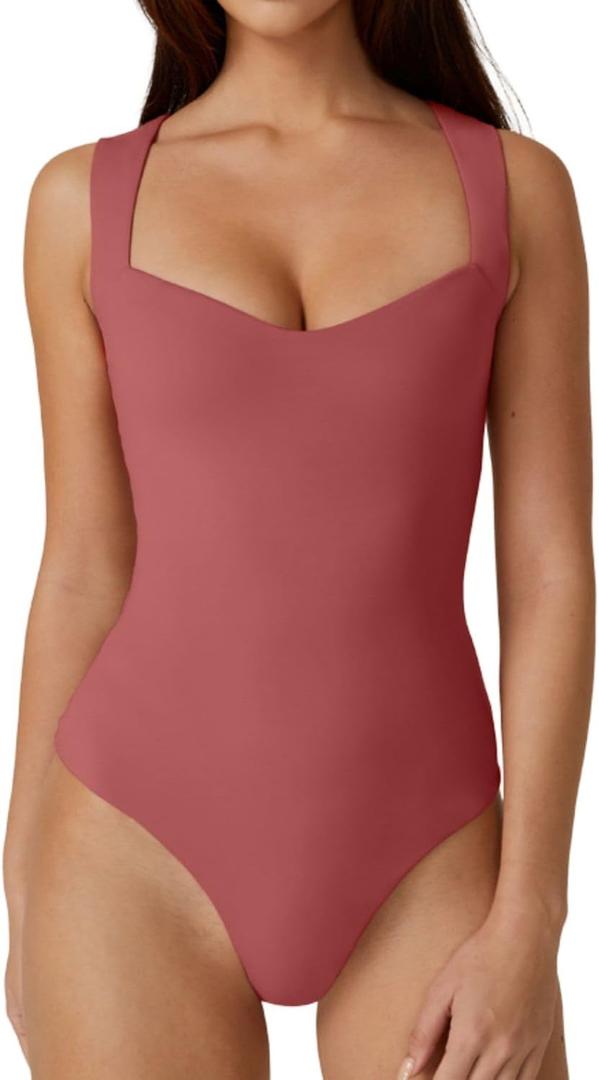 QINSEN Women's Sweetheart Neck Trendy Sleeveless Tank Top Stretch Bodycon Bodysuit Shirts, M