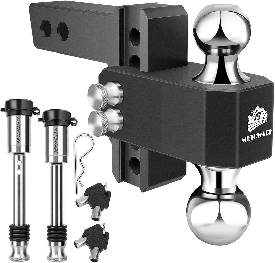 METOWARE Adjustable Trailer Hitch - Aluminum Tow Hitch Fits 2-Inch Receiver - Heavy Duty Drop Hitch with 4-Inch Drop/Rise for Truck (12,500 LBS GTW), Double Stainless Steel Locks & Hitch Pin (Black)