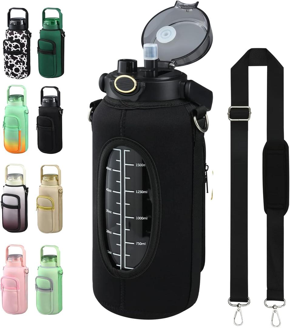 Half Gallon 64oz Glass Water Bottle with Straw and Storage Sleeve Motivational Water Bottle with Strap and Time to Drink 2L Leakproof Reusable Water Jug for Fitness Gym and Outdoors (Black)