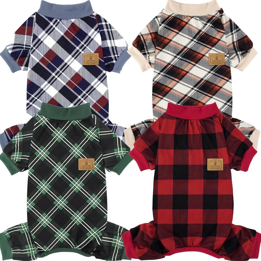XPUDAC 4 Pack Dog Pajamas for Small Dogs Cats Plaid Doggie Clothes Puppy Onesies Christmas Pajamas Jumpsuits Pet Pjs Shirt Apparel Large, Red Green Beige Grey (Large(Chest-18" Back-14" Neck-10.6"))