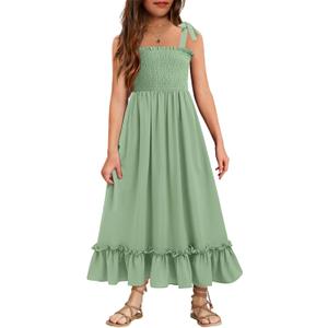 Arshiner Girls Summer Dress Boho Beach Casual Smocked Maxi Dresses 6-13 Years (7-8 Years, Green)