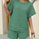 Tankaneo Womens Pajama Sets Striped 2 Piece Lounge Sets Short Sleeve Oversized T Shirts Drawstring Shorts Matching Set (Green)