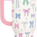 SANDJEST Bow 40oz Tumbler With Handle and Straw, Insulated Stainless Steel Travel Coffee Mug for Women Girls Bow Lovers, Gift Idea for Birthday Christmas Mothers Day